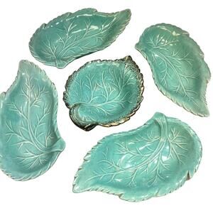 Vintage California Pottery Cabbage Leaf Bowl Set Teal Gold Speckle 5 Piece MCM